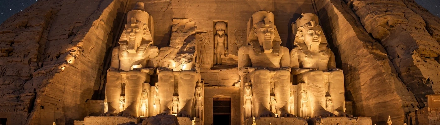 Abu Simbel temples facade at sunrise, Egypt