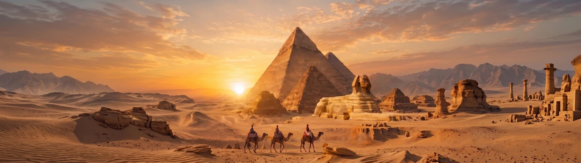 Pyramids of Giza at sunset, Egypt